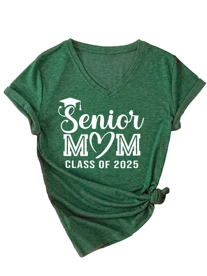 Camiseta informal de verano para mujer, color liso, con estampado de letras Mom, cuello en V y manga corta 2025
