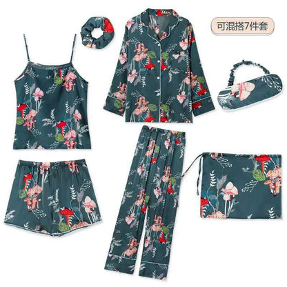 Conjunto de pijama fino de siete piezas con estampado de rayas informal sencillo para mujer