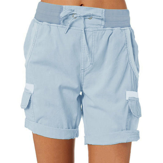 Women Fashion Casual Solid Color Cotton And Linen High Waist Drawstring Shorts