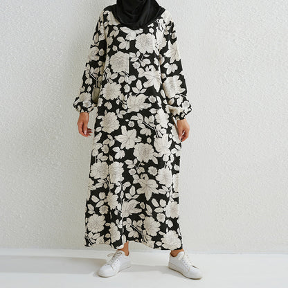 Women Casual Summer Vacation Tiny Flower Zipper Pullover Loose Fashion Pocket Maxi Dress