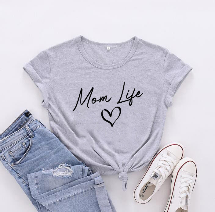Camiseta informal de manga corta para mujer con texto "Mamá, vida de madre, feliz día de la madre"