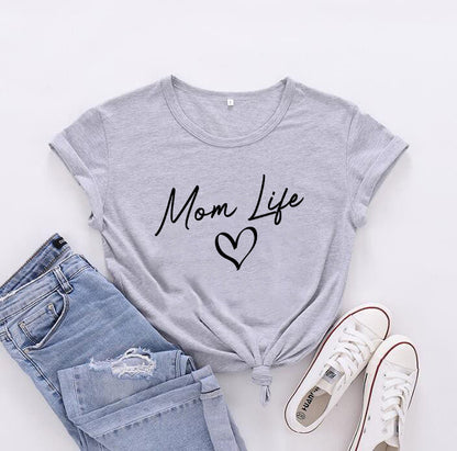 Camiseta informal de manga corta para mujer con texto "Mamá, vida de madre, feliz día de la madre"