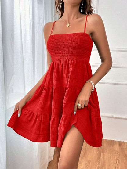 Women Fashion Casual Solid Color Pleated Spaghetti Strap Dress