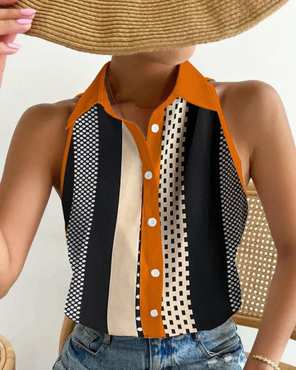 Summer Casual Fashion Strapless Abstract Print Women Shirt Blouse