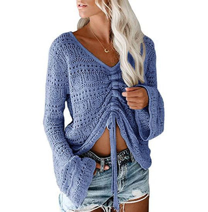 Women Casual Fashio V Neck Flare Long Sleeve Drawstring Knitted Sweater