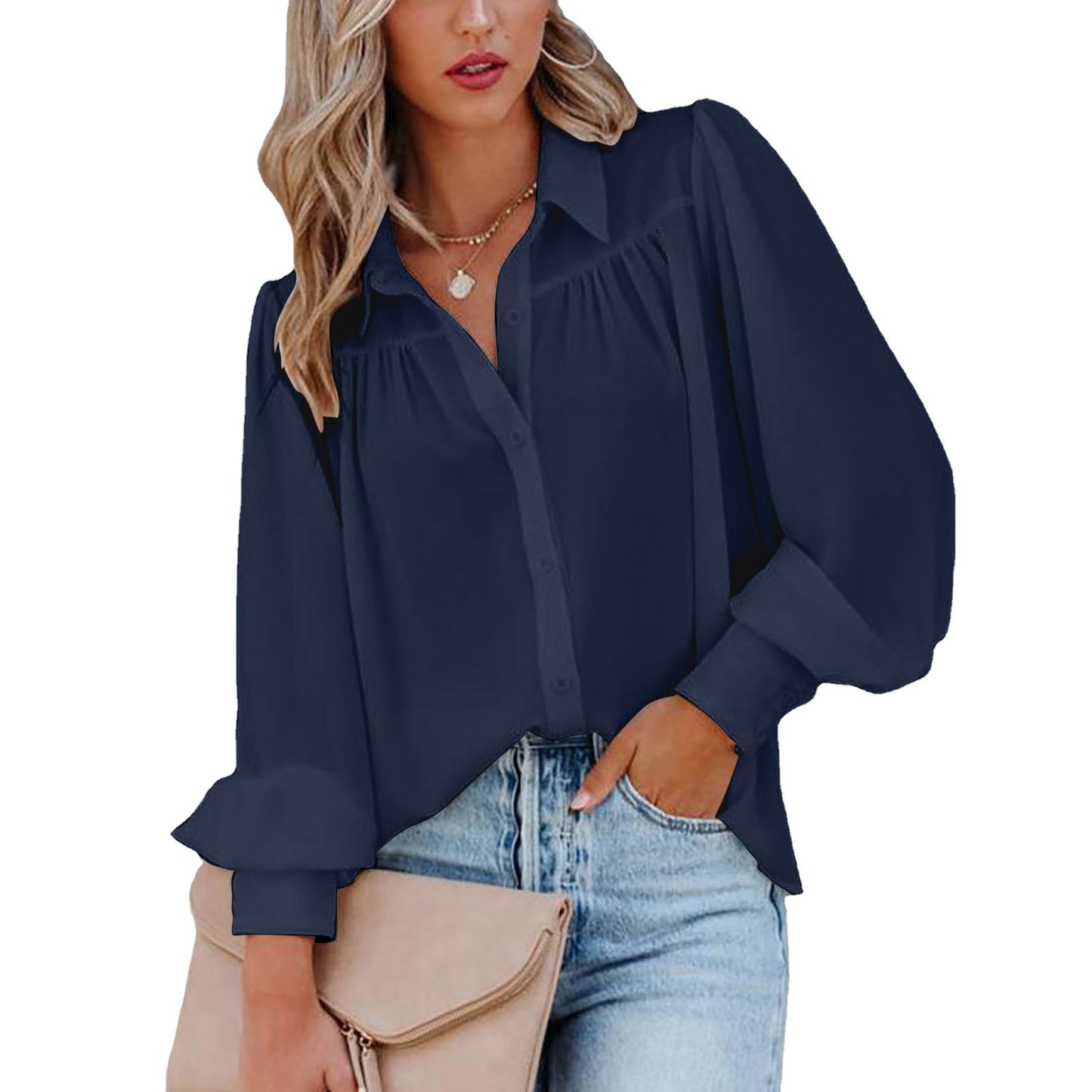 Casual Elegant Women Office Chic Solid Color Lapel Shirt Blouse