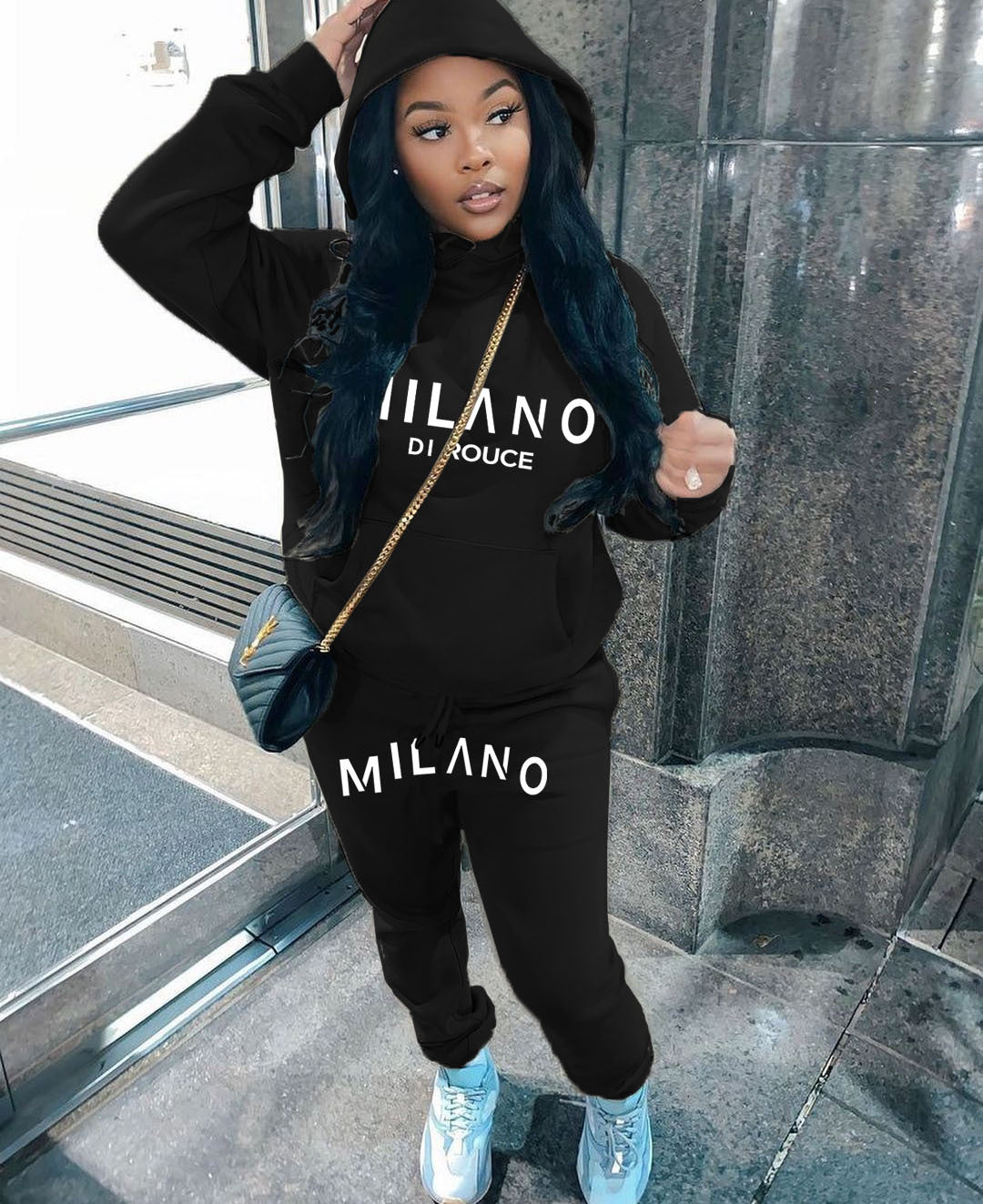 Athleisure Winter Women Loose Casual Letter Printing Long-Sleeved Hooded Sweatshirt Pants Two-Piece Set