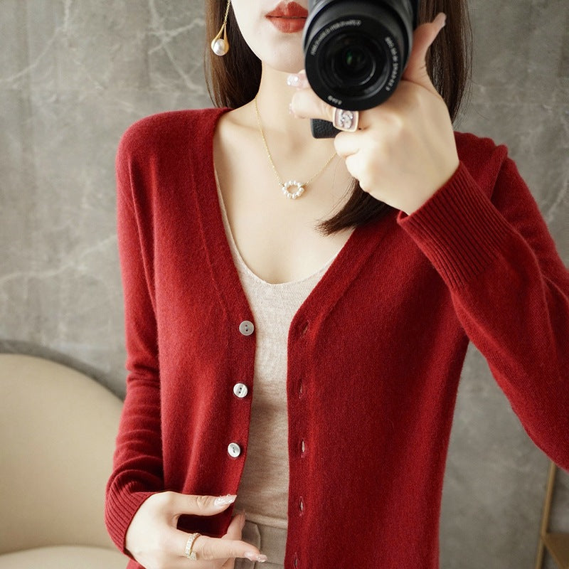 Chaqueta de punto con cuello en V informal de manga larga para mujer