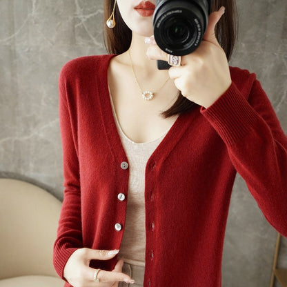 Chaqueta de punto con cuello en V informal de manga larga para mujer