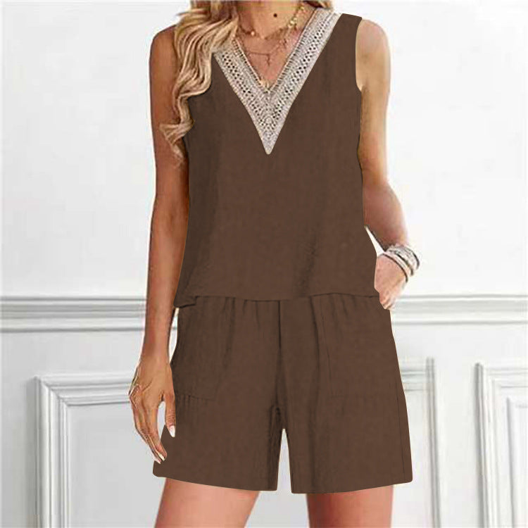 Conjunto informal de 2 piezas de top y pantalones cortos sin mangas con cuello en V de lino y algodón para mujer