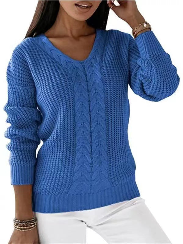 Women Fashion Casual V-Neck Long Sleeve Solid Color Knitted Sweater
