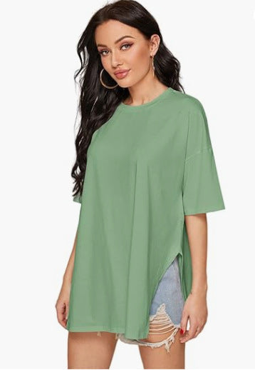 Summer Women Casual Solid Color Round Neck Short Sleeve Split T-Shirt