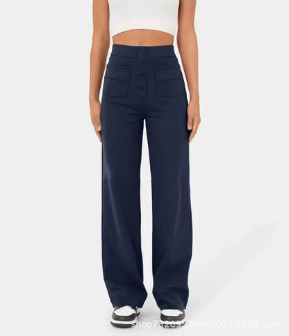 Fashion Women Casual Straight High Waist Button Elastic Multiple Pockets Pants