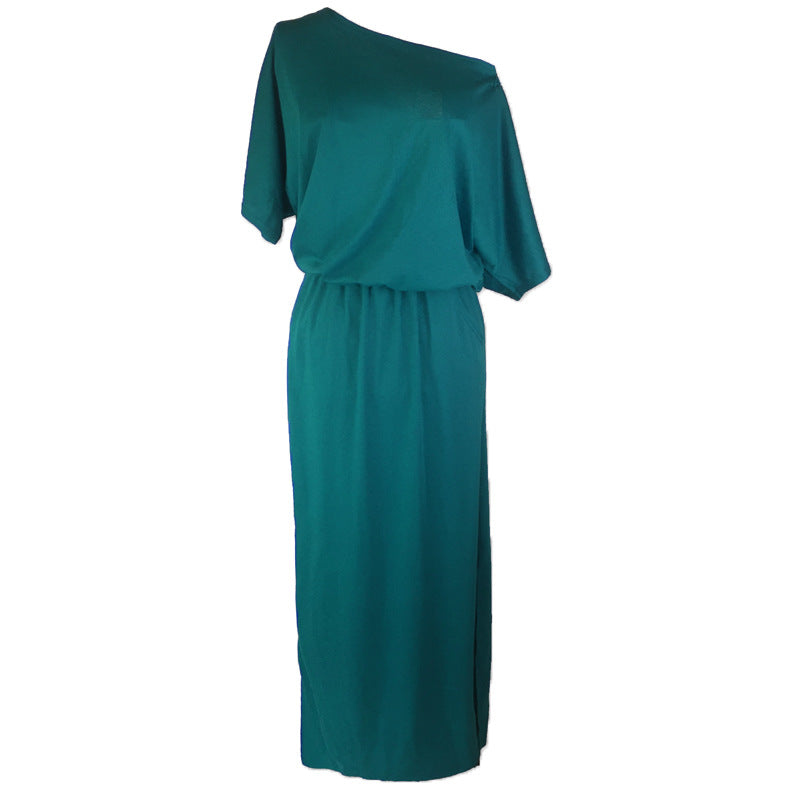 Women Casual Basic Solid Color Short Sleeve Summer Oblique Shoulder Side-slit Pocket Loose Dress