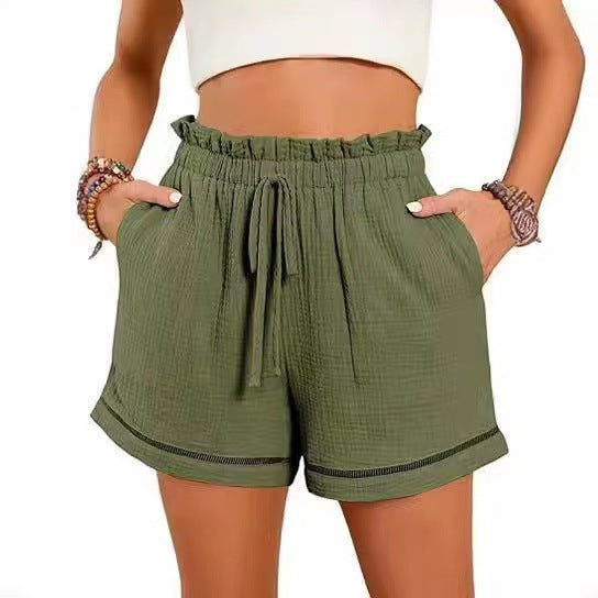 Women Fashion Casual Solid Color High Waist Lace-Up Wide-Leg Shorts