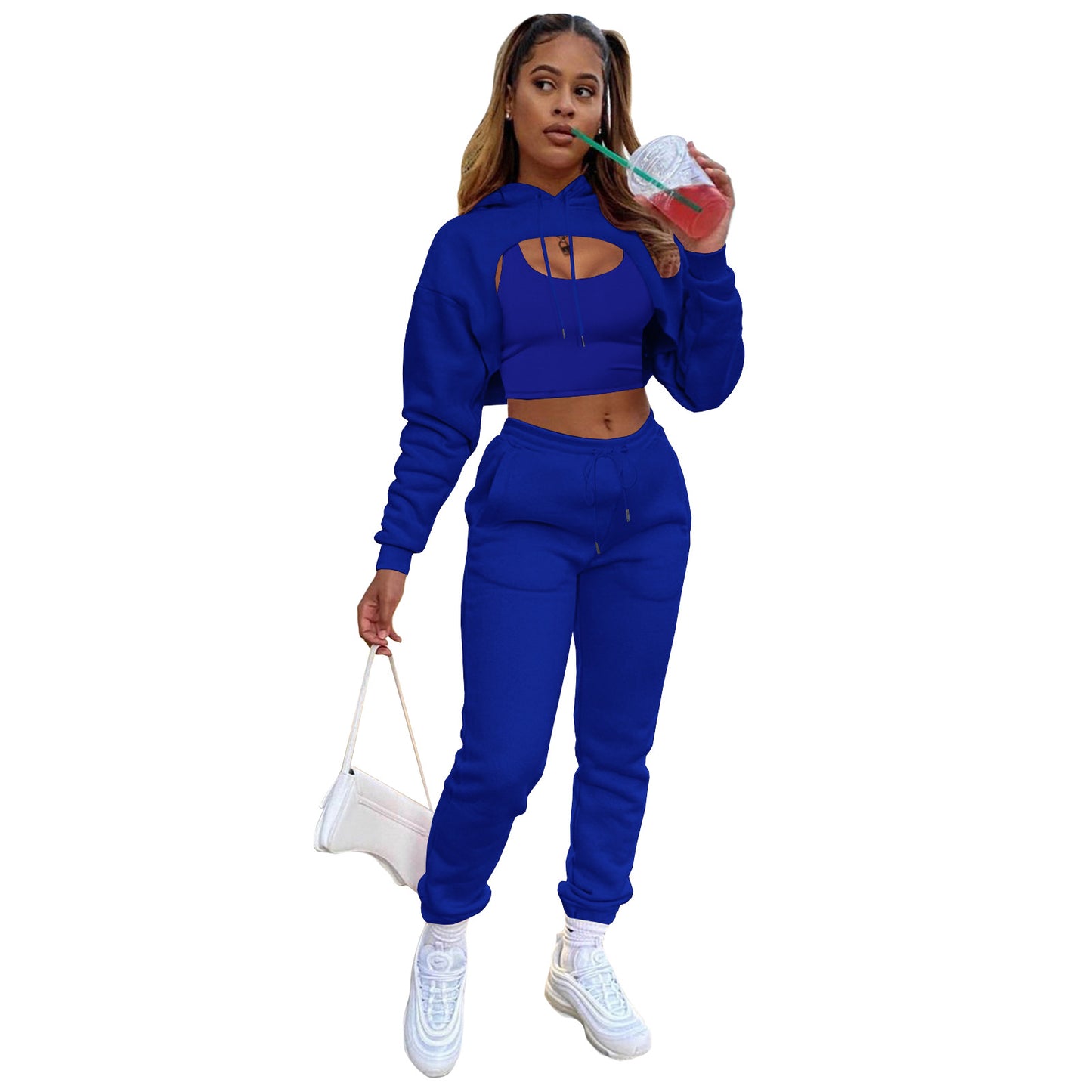 Women Casual Solid Color Long Sleeves Fleece-lined Hooded Top And Drawstring Waist Jogger Sweatpants With Tank Top Three Pieces Set