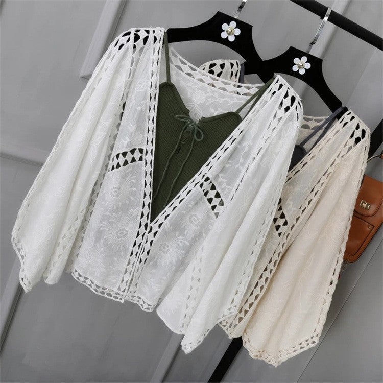 Chaqueta informal de color liso con manga larga bordada y protección solar para mujer