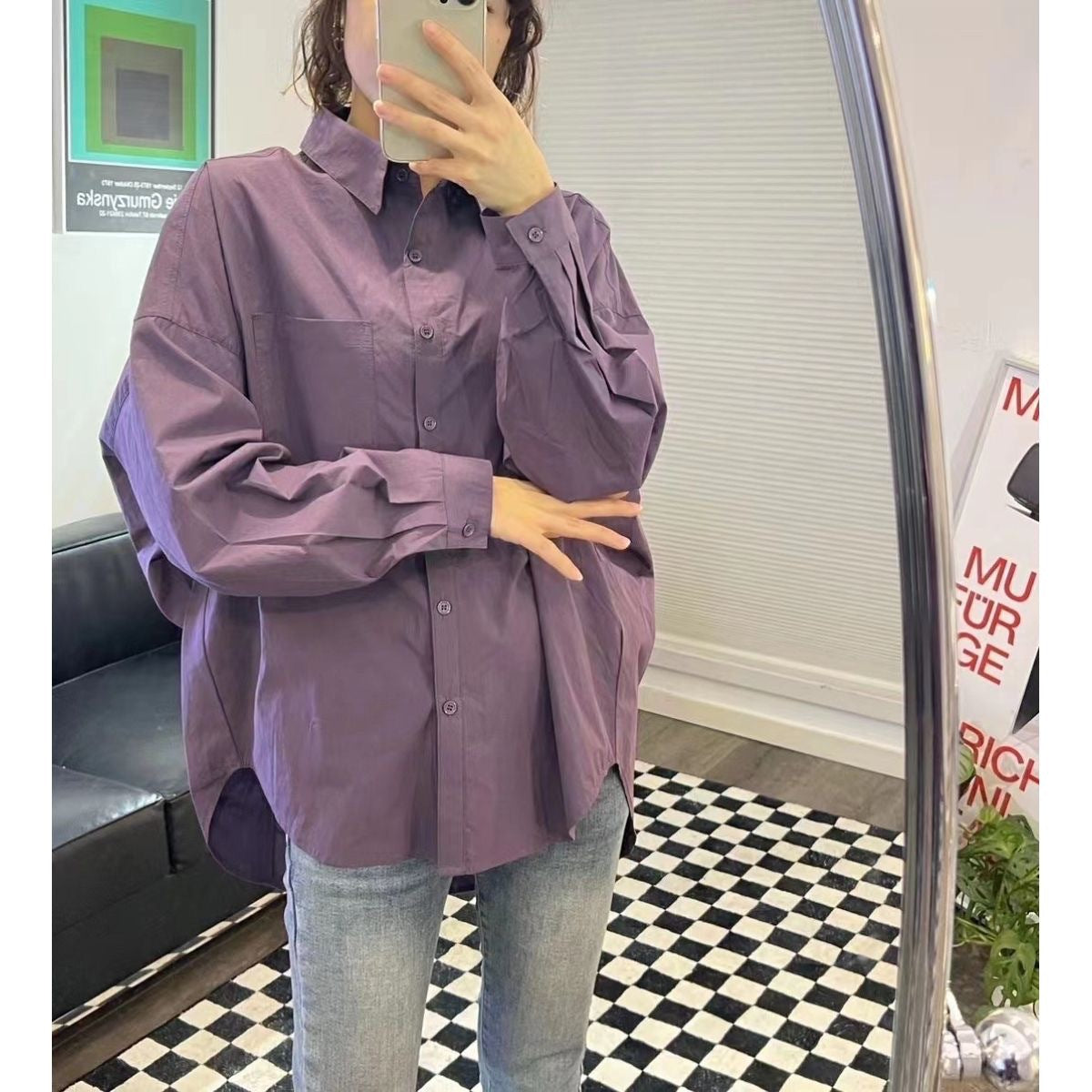 Women Solid Color Long Sleeve Cotton Casual Shirt Blouses