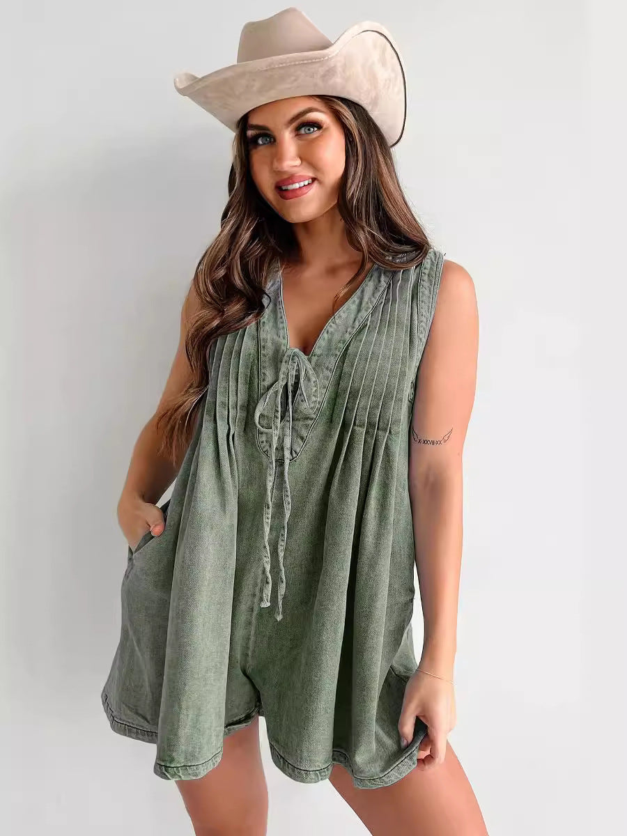 Women Fashion Casual Solid Color V-Neck Sleeveless Loose Denim Rompers
