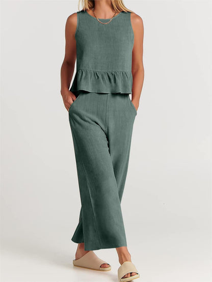 Conjunto informal de verano para mujer, blusa sin mangas con volantes y pantalones de pierna ancha