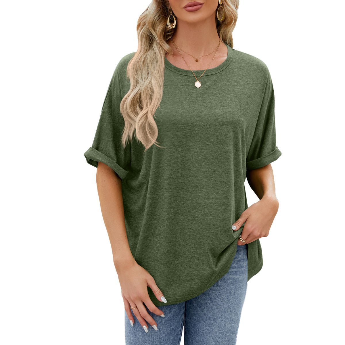 Camiseta informal de verano para mujer, color liso, cuello redondo y manga corta