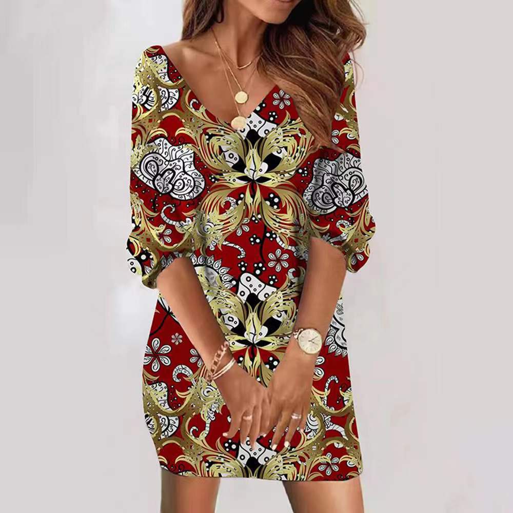 Women Elegant Vintage Casual Loose V Neck Floral Printed Short-Sleeved Loose Dress