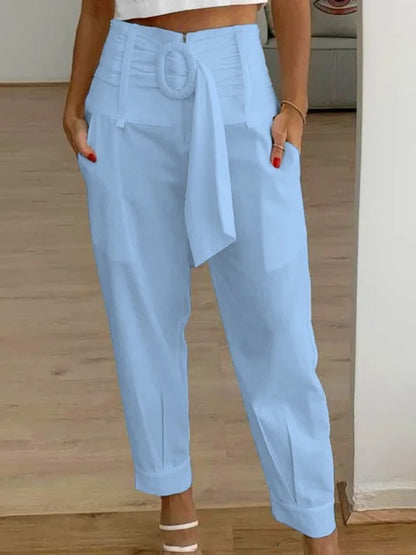 Women Casual Summer Solid Color Linen Floral Pants