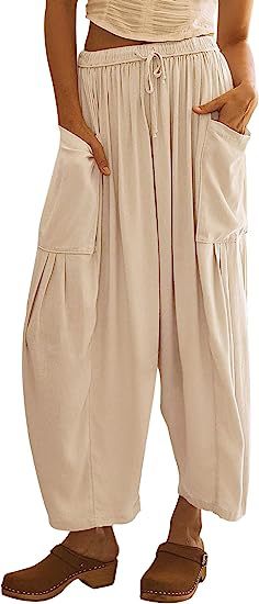 Pantalones cargo informales para mujer, con cintura elástica, plisados, de cintura alta, anchos y holgados, de algodón y lino con bolsillos.