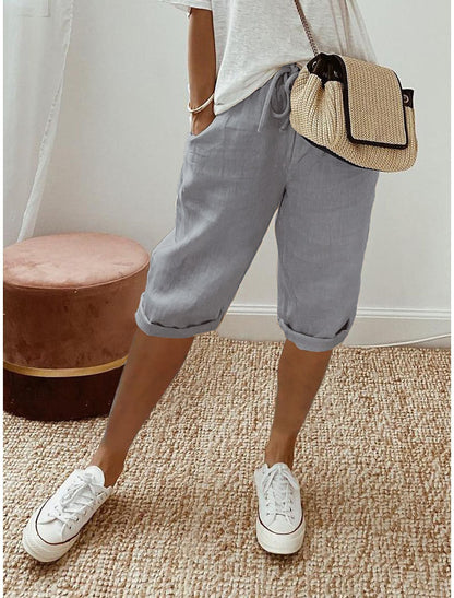 Women Casual Cotton And Linen Solid Color Pocket Pants