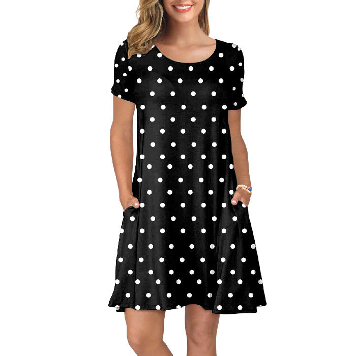 Crewneck Floral Sunflower Printed Women Casual Short Sleeve Pocket Dress