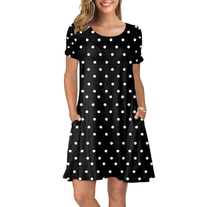 Crewneck Floral Sunflower Printed Women Casual Short Sleeve Pocket Dress