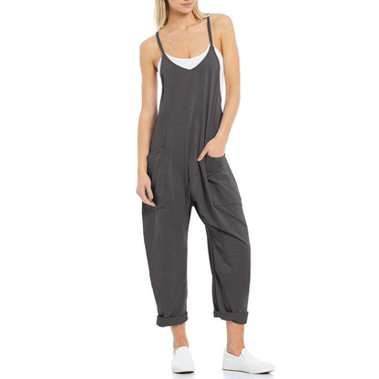 Women Casual Solid Color Pocket V Neck Loose Spaghetti Strap Jumpsuit