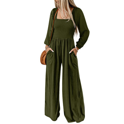 Women Fashion Casual Solid Color Square Collar Long Sleeve High Waist Wide Leg Jumpsuits