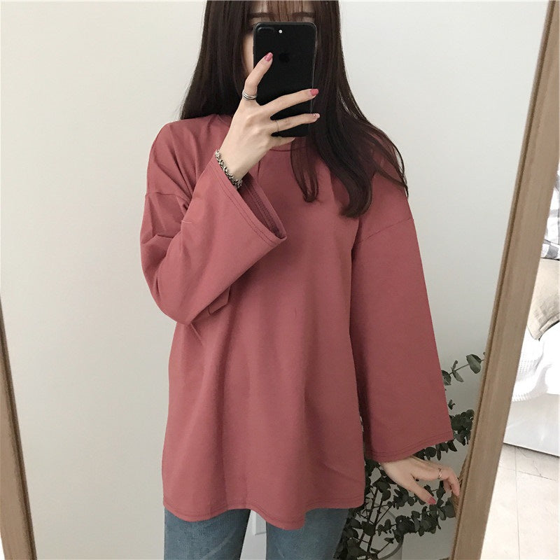 Camiseta informal de manga larga con cuello redondo y color liso para mujer