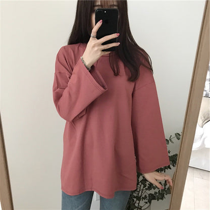 Camiseta informal de manga larga con cuello redondo y color liso para mujer