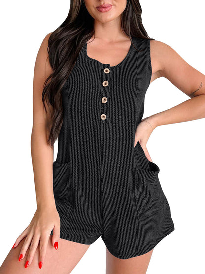 Women Fashion Casual Contrast Stripe U-Neck Sleeveless Pockets Rompers