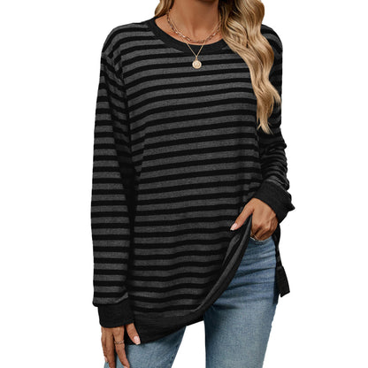Camiseta informal de manga larga con cuello redondo y rayas para mujer