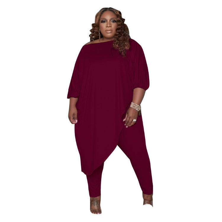 Conjunto de dos piezas de top y pantalón holgado informal de moda para mujer de talla grande