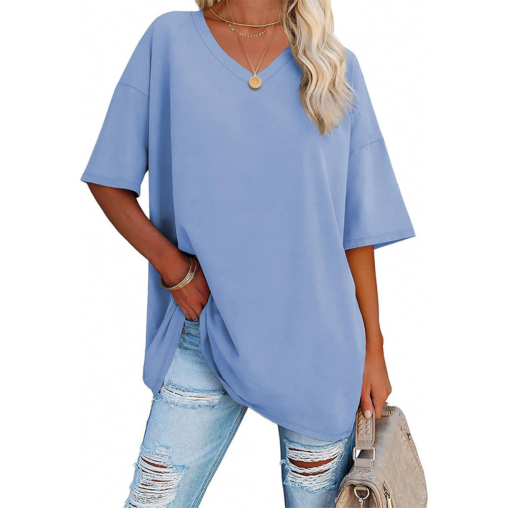 Camiseta informal holgada de color liso con cuello en V para mujer