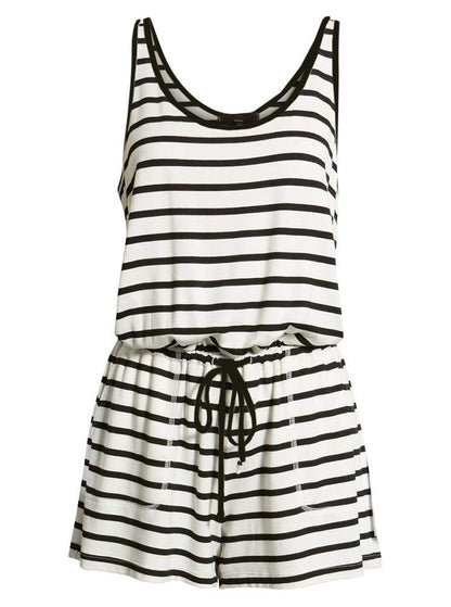 Women Casual Summer Vacation Solid Color U Neck Drawstring Loose Sleeveless Rompers