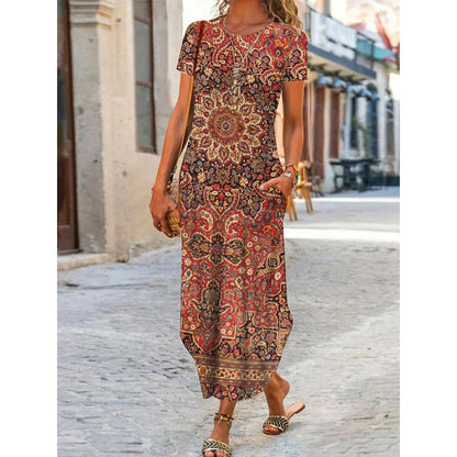 Vestido largo informal de manga corta con cuello redondo y estampado floral geométrico para mujer