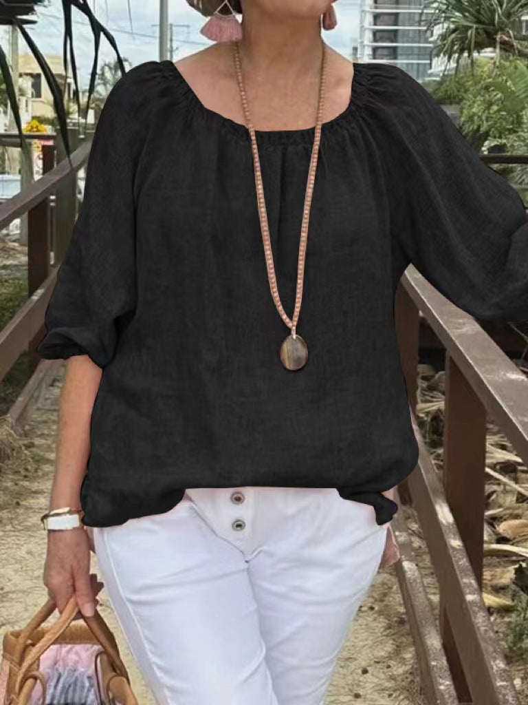 Women Casual Solid Color Round Neck Cotton Linen Plus Size Top