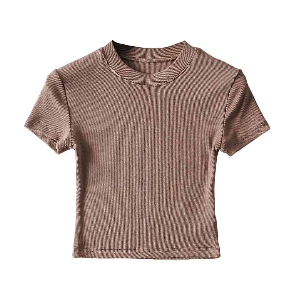 Camiseta informal de verano para mujer, color liso, cuello redondo, manga corta, sin mangas