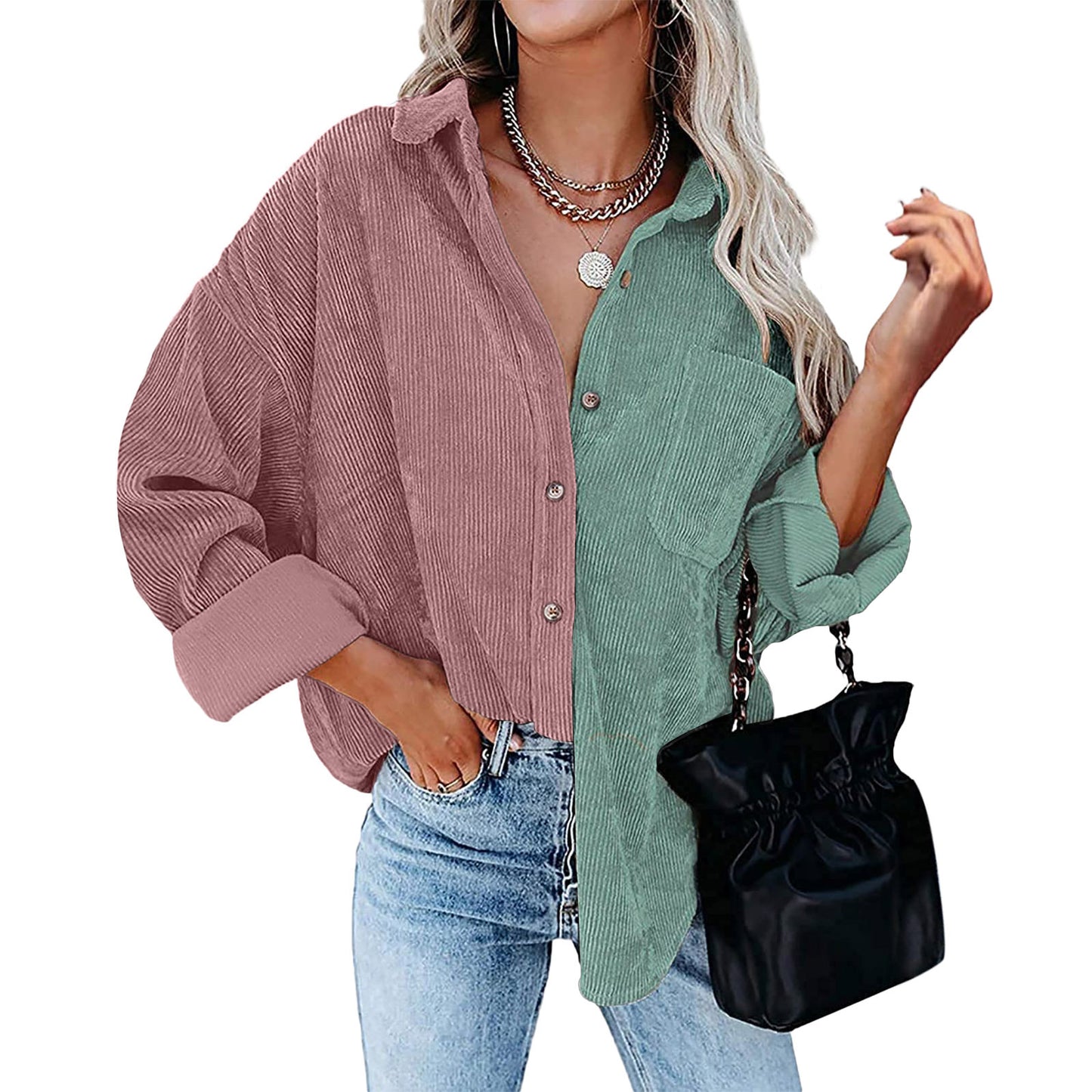 Blusa informal de manga larga con solapa y botones para mujer, con diseño de patchwork y bloqueo de color