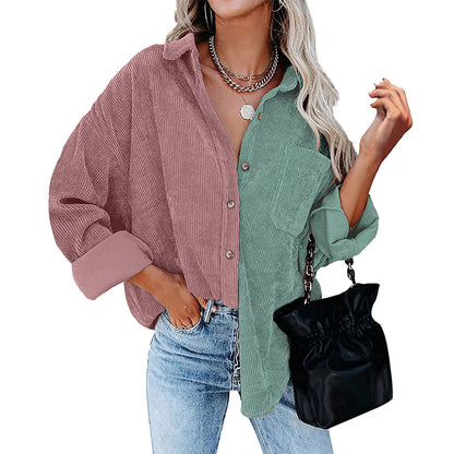Blusa informal de manga larga con solapa y botones para mujer, con diseño de patchwork y bloqueo de color