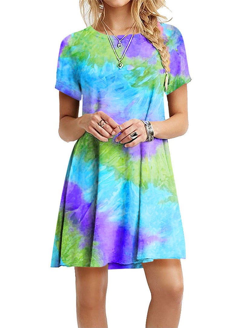 Vestido mini informal holgado de manga corta con estampado degradado de arcoíris y teñido anudado para mujer