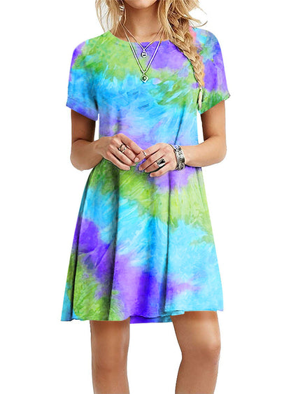 Vestido mini informal holgado de manga corta con estampado degradado de arcoíris y teñido anudado para mujer