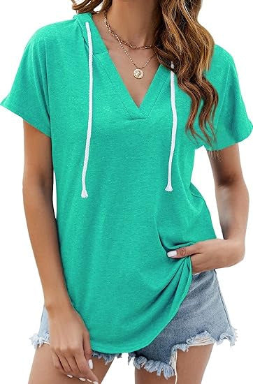 Camiseta holgada informal de manga corta con cuello en V y color liso para mujer