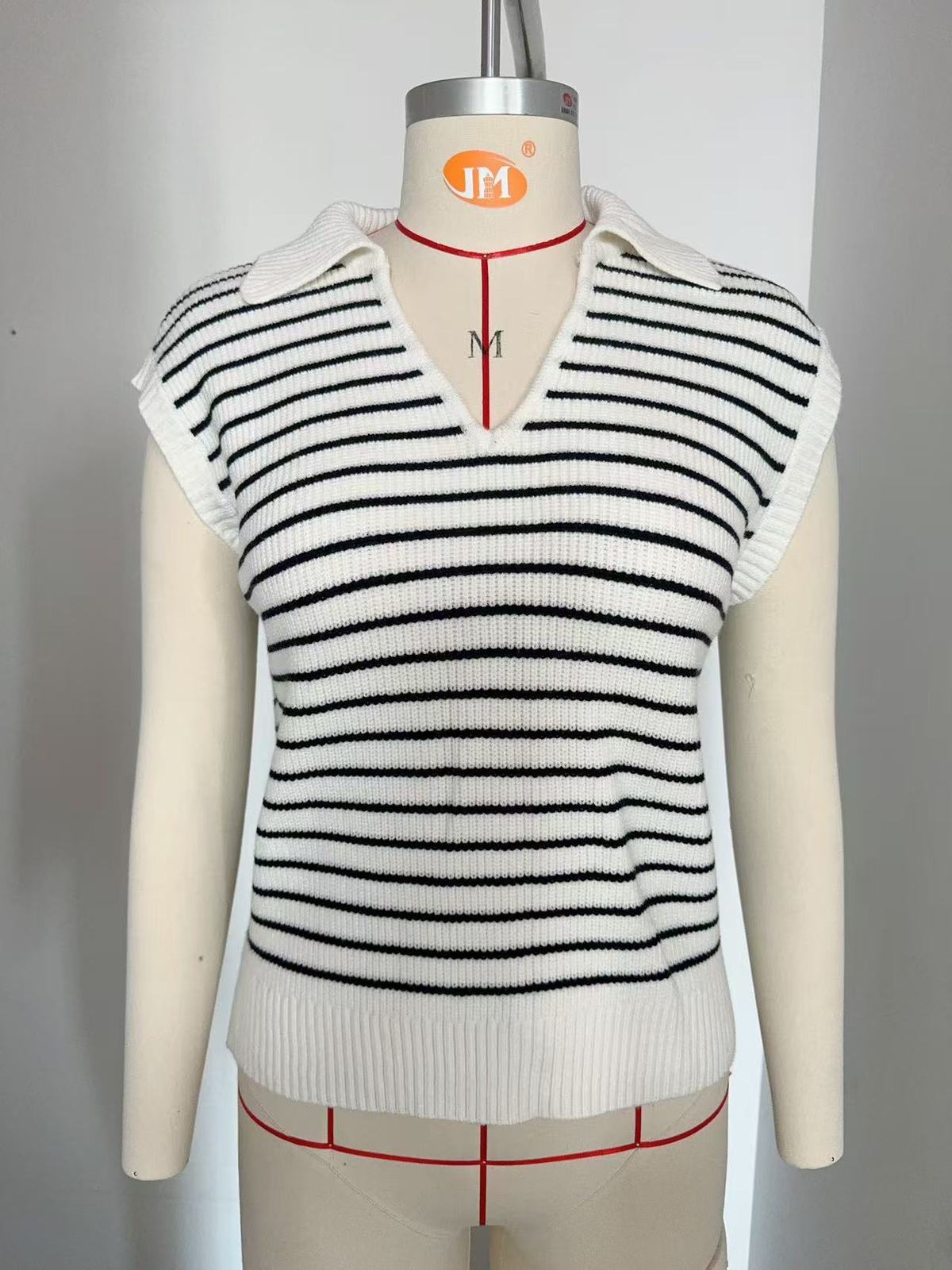Women Fashion Casual Stripe Lapel V-Neck Sleeveless Knitted Sweater