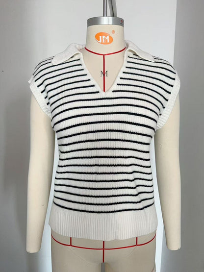 Women Fashion Casual Stripe Lapel V-Neck Sleeveless Knitted Sweater
